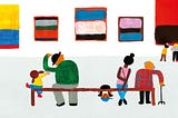 Illustration of some people sitting with kids in a art museum trying to make sense of the art work.
