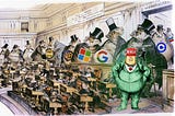 An altered version of a Gilded Age editorial cartoon titled ‘Who controls the Senate?’ which depicts the Senate as populated by tiny, ineffectual politicians ringed by massive, bloated, brooding monopolists. A door labeled ‘people’s entrance.’ is firmly locked. A sign reads, ‘This is a senate of the monopolists, by the monopolists and for the monopolists.’ The image has been altered: an editorial cartoon of Boss Tweed, portrayed as a portly man in a business suit with a money-bag for a head, sta