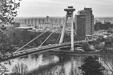 black and white photo of a bridge- Danube River