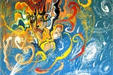 This is an abstract painting by Stanisław Ignacy Witkiewicz’s called “Nova Aurigae.” It looks like a fluid mixture of colors with many swirls or spirals and there’s something that looks vaguely like a face emerging from the chaos.