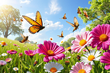 an AI image of a summer meadow with pink daisies a varied hugs all over plus butterflies, bees and humming birds