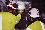 Workers examining drill holes in a mine wall.