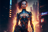 Midjourney prompt: full body portrait of a super intelligent AI in female physical form, incredibly beautiful, in cyber city — ar 3:2 — q 2 — upbeta — v 4