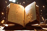 A large open book with gold digits jumping off the page.