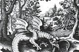 A winged serpent, dragon-like, bites it own tail in a clearing amidst trees. Black and white drawing.