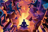 Professional sits meditating and floating, radiating with energy and surrounded by jealous worn-down colleagues | Dane O’Leary Media