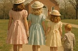 Four children, seen from behind, walk hand-in-hand toward a church on Easter Sunday. The three girls — brunette, blonde, and redhead — wear pastel 1950s dresses with white gloves and flowered hats. The youngest, a redheaded boy around two years old, wears a small suit. All are dressed in vintage Easter attire, evoking a nostalgic mid-century scene.