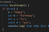 Screenshot of some JavaScript code with all four declaration types: const, let, var and undeclarated