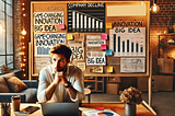 Entrepreneur looking dejected with a wall of charts showing negative trends and innovation behind them