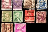 A series of 10 colorful, canceled U.S. stamps of various presidents (including Eisenhower, Jefferson, FDR, Washington, and Lincoln), along with Benjamin Franklin.