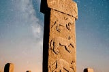 A carved prehistoric stone pillar standing upright under a star-filled night sky, inspired by Göbekli Tepe.