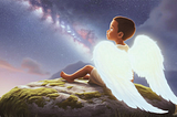 Illustration of a little boy with angel wings looking up at the sky