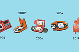 On a blue background, images of different Pokédex designs from 1996 to 2019.