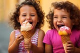 Two laughing curly-haired girls eating ice cream cones.