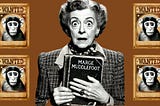 An image of a mature lady clutching her notebook with a wanted poster for four monkeys