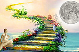 dorothy sits at the base of a yellow brick staircase lined with flowers. Scarecrow, tin man, and lion sit on steps midway at the climb. the next curve holds an emerald crown and the staircase merges with the heavens. The moon on the right shines over the ocean and staircase