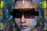 A female avatar wearing virtual reality glasses surrounded by multi-colored pixels.