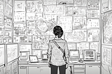 A designer standing in front of a wall covered in sketches and drawings.