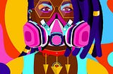Vector graphic of a black female wearing a red and gold necklace, pink and teal face mask, gold geometric glasses, and gold, teal, and red top and backdrop.