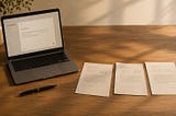 Warmly lit workspace with a laptop showing an email draft interface, a pen resting nearby, and three printed pages arranged on a wooden desk, with one page subtly shifted into alignment to suggest a decision has been made.