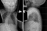 Two side-by-side MRI images of the author’s 15 month old son. His spine is severely curved and his head tilted.