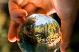 Reflection of trees and water in a glass globe