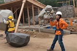 Two women building a house.