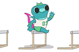 A drawing of Sparky the boldstart mascot dressed in athletics gear, jumping over the second of three hurdles.