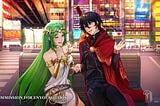 Palutena and Sol sitting on a bench in Akihabara, holding hands.