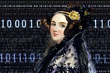 A portrait of Ada Lovelace with blue binary code alternating in size in the background.