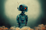 Robot with a space background near clouds, thinking. Generated by an AI