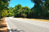 a paved road with lush jungle on each side