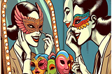 a woman trying on masks
