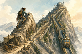 A mountain climber ascends toward a summit observatory while the rough path below evolves into permanent stone stairs and an elegant mechanical lift, symbolizing custom work becoming shared infrastructure.