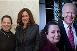 A picture of Janni and Kamala Harris smiling and Janni and Joe Biden smiling