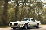 A white, 1970 Trans Am drives down a two-lane highway in the deep woods of Florida.