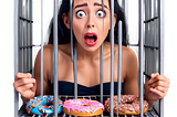 Young woman behind the bars of a cage filled with doughnuts, as a symbol of sugar addiction.