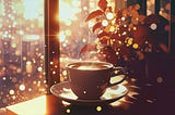 A cup of coffee in the window, surrounded by sparkling light and a plant.