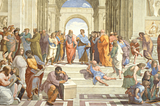 Scuola di Atene by Raffaello Sanzio da Urbino depicts a grand, architectural setting where numerous ancient philosophers, mathematicians, and thinkers are gathered in discussion. One of the philosophers is thought to be Epicurus.