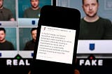 A phone with a tweet on it describing a deepfake video of the Ukrainian president, with a labeled fake image in the background