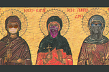 Medieval drawing of 3 saints including St. Thekla, with various face coverings drawn on ala anarchists