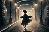 A little waif dances on Paris streets in the lamplight