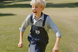 A boy in navy overalls happily running across the grass.