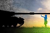 Figure of a girl stopping a tank with a background hue of Ukrainian flag colors