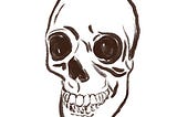 A black line drawing on a white background of a human skull