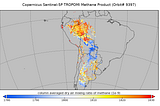 Copernicus Sentinel-5P TROPOMI Methane Product (Orbit# 9397) — a map of false-color visualization of methane concentrations over South America