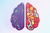An abstract image of two sides of a brain. One side looks like it is a machine part, the other looks more creative and free.