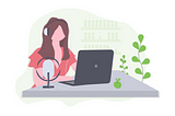 Illustration of a modern employee using her laptop and headphones to work remotely