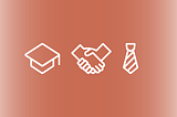 Icons of a graduation cap, a teamwork icon, and a tie over an orange gradient background.