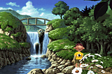 Screenshot from the game Boku no Natsuyasumi.In a serene and sunlit green field beside a peaceful river, a child stands. Screenshot from the game Boku no Natsuyasumi.